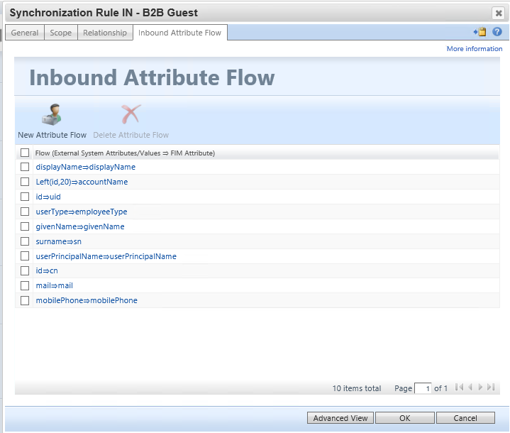 Skärmbild som visar fliken Flöde för inkommande attribut på skärmen Synkroniseringsregel IN.