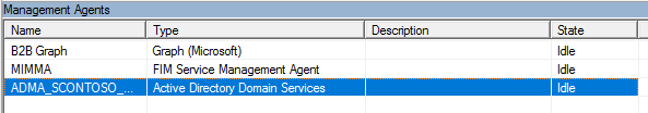 Tabell med hanteringsagenter efter namn, typ, beskrivning och tillstånd.