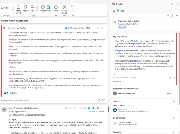 Skärmbild av en e-postsammanfattning för Copilot för försäljning i Outlook på webben, med numrerade bildtexter.