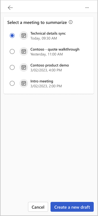 Skärmbild som visar rutan Välj ett möte att sammanfatta.