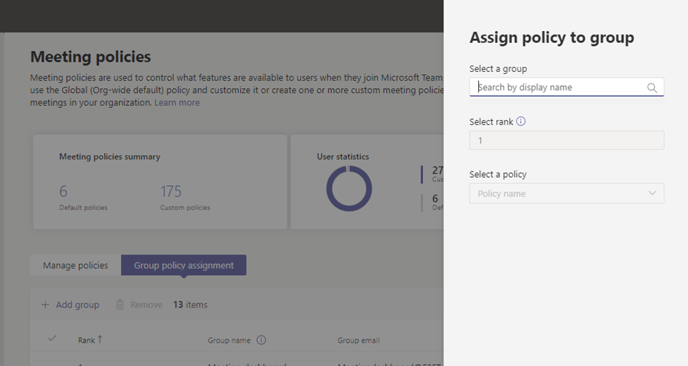 Screenshot of the Edit settings pane, showing meeting policy.