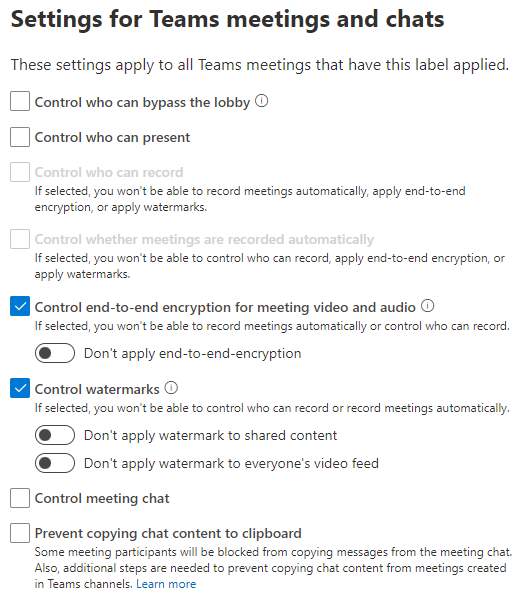 Screenshot of meeting sensitivity label settings showing configuration in this procedure.