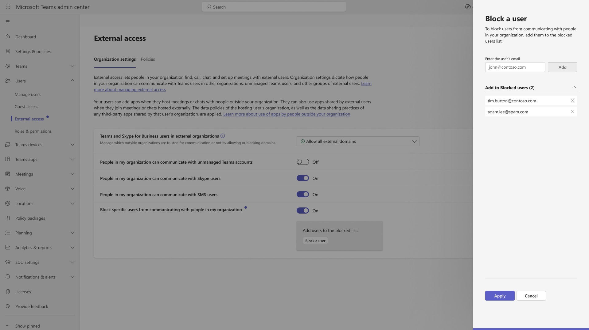 A screenshot of the External Users page with the Block a user sidebar open on the right-hand side of the page.