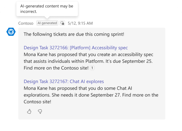 Screenshot shows an AI label in a bot message in the Teams desktop client.