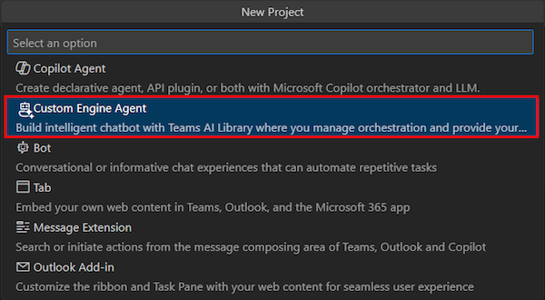 Screenshot shows custom engine agent option in Visual Studio Code.