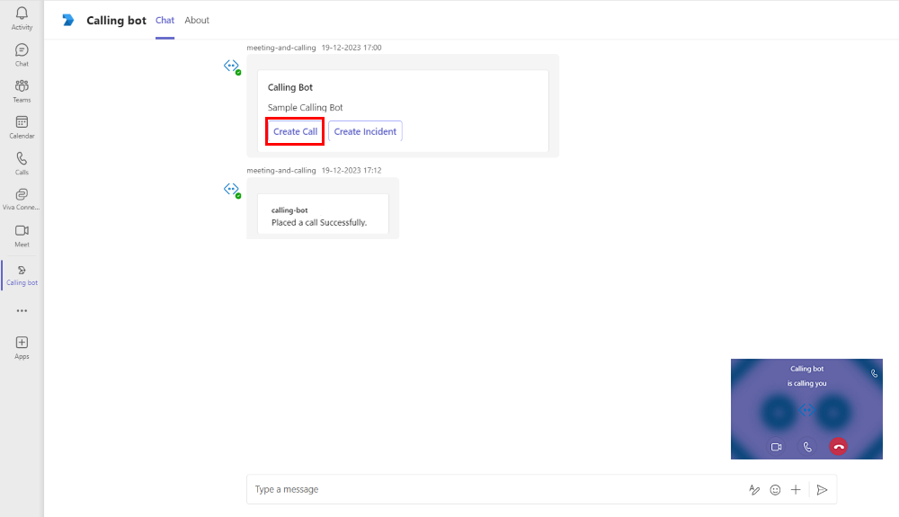 Screenshot of Microsoft Teams Calling bot with Create Call option highlighted in red. The minimized calling screen appears in the lower-right corner of the screen.