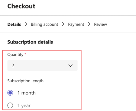 Screenshot shows selecting the Quantity and Subscription length.