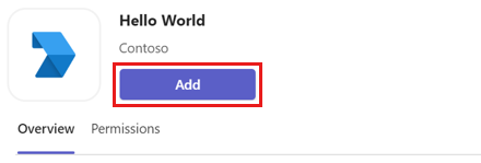 Screenshot of the app details dialog to add the sample app to Teams.