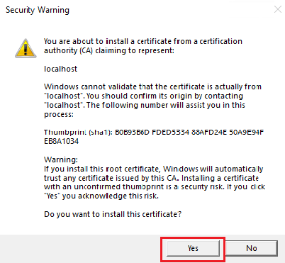 Screenshot of Security Warning with the Yes option highlighted.