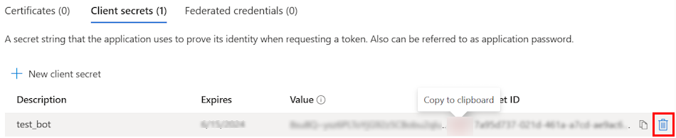 Screenshot shows the delete client secret value.