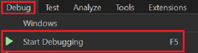 Screenshot shows start debugging.