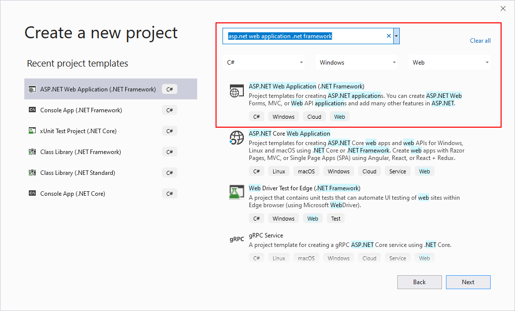 Select the .NET Framework web project template