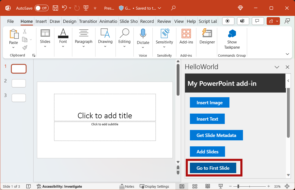 The Go to First Slide button highlighted in the add-in.
