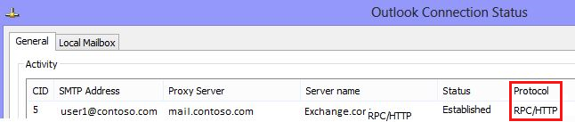 Skärmbild av dialogrutan Outlook-anslutningsstatus, som visar kolumnen Protokoll som RPC/HTTP.