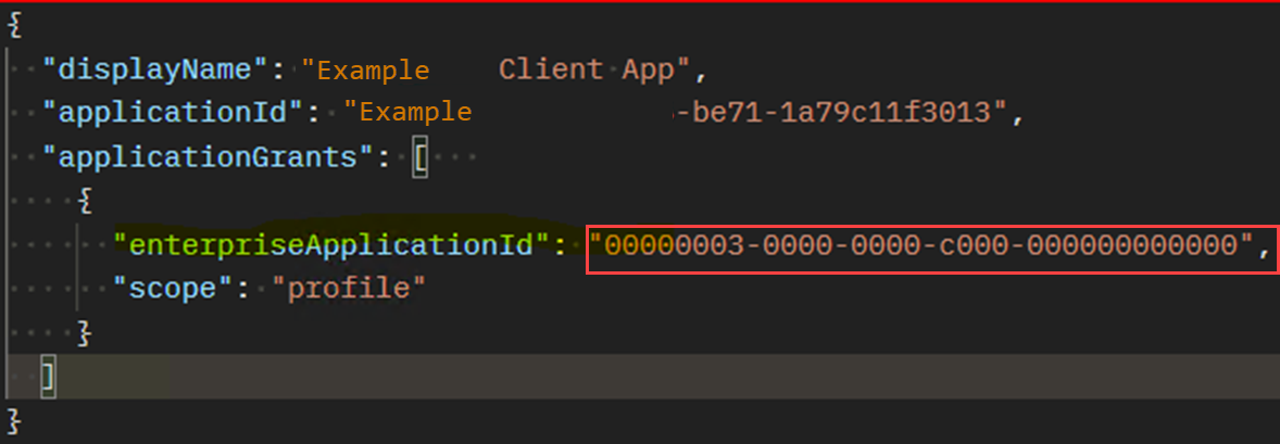 Skärmbild av en korrekt begäran, där enterpriseApplicationId använder ett GUID.