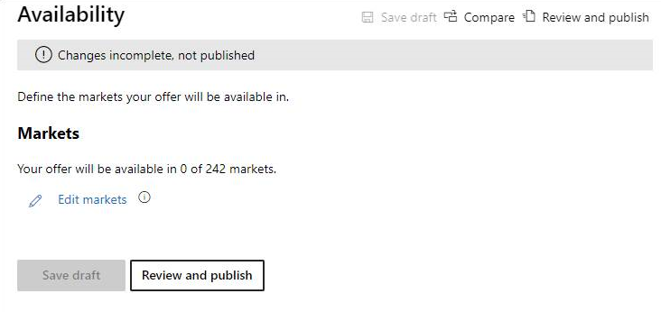 Skärmbild av sidan Tillgänglighet i Partnercenter, inklusive val av marknader.