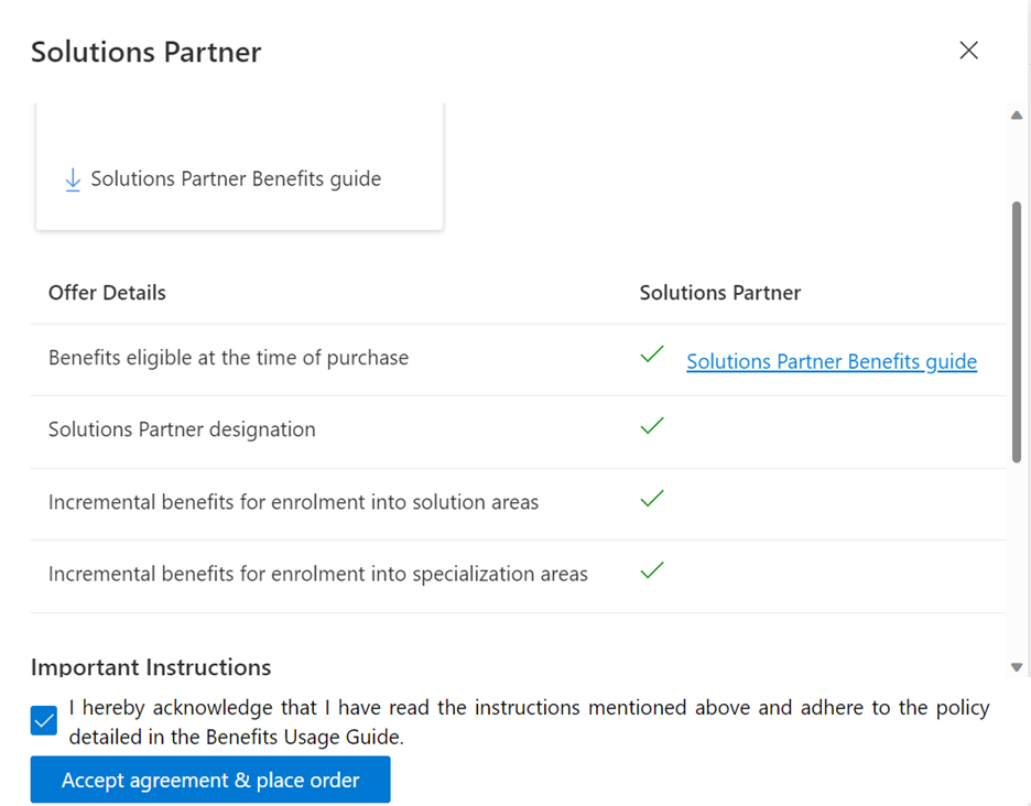 Skärmbild av sidan för lösningspartners erbjudande, godkännande avtal och lägg en beställning.