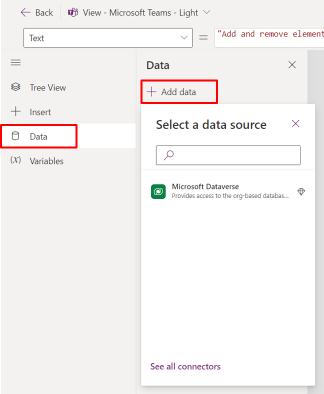 Skärmbild av en lista med datakällor i kortdesignern.