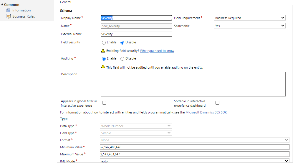 Create new severity field.