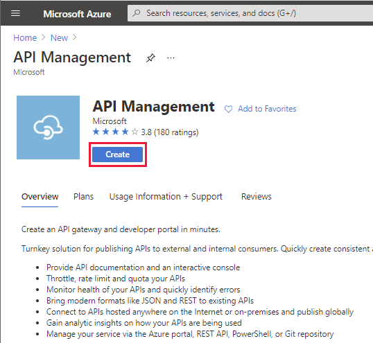 Azure Create API Management Service-sida.