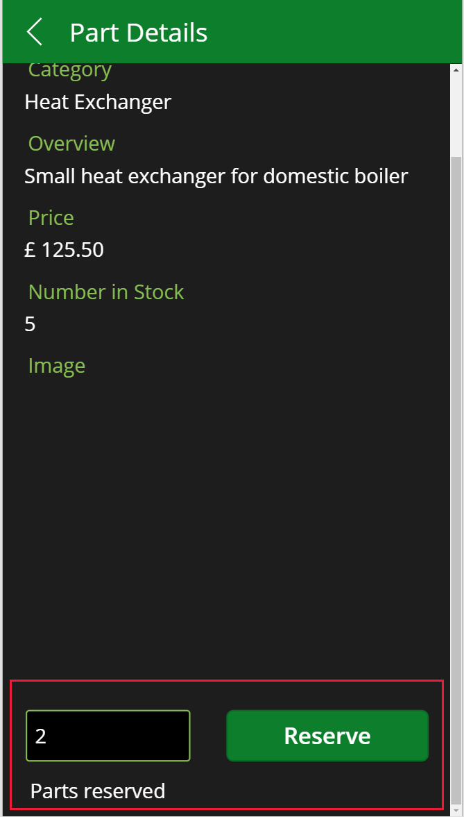 PartDetails-skärmen med reservfunktionen aktiverad.