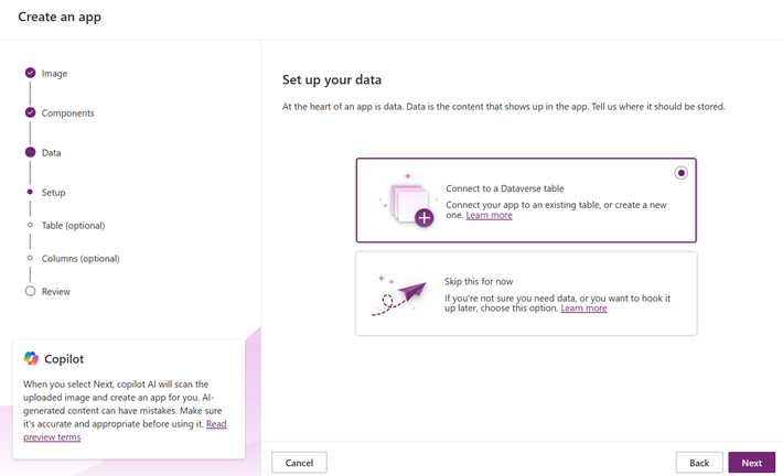 Välj att ansluta till Dataverse eller fortsätta utan att skapa en tabell just nu.