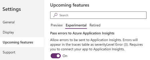 Aktivera skicka fel till Azure Application Insights inställning.