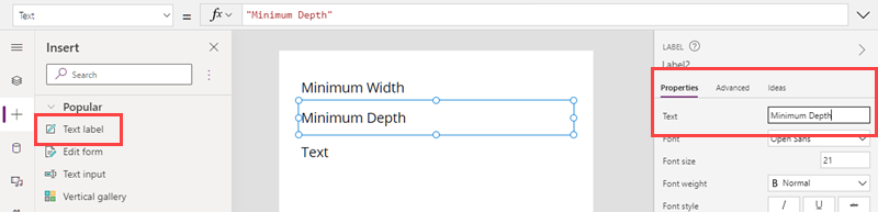 En skärmbild av en textetikett i Microsoft Power Apps Studio, som visas tillsammans med dess egenskaper.