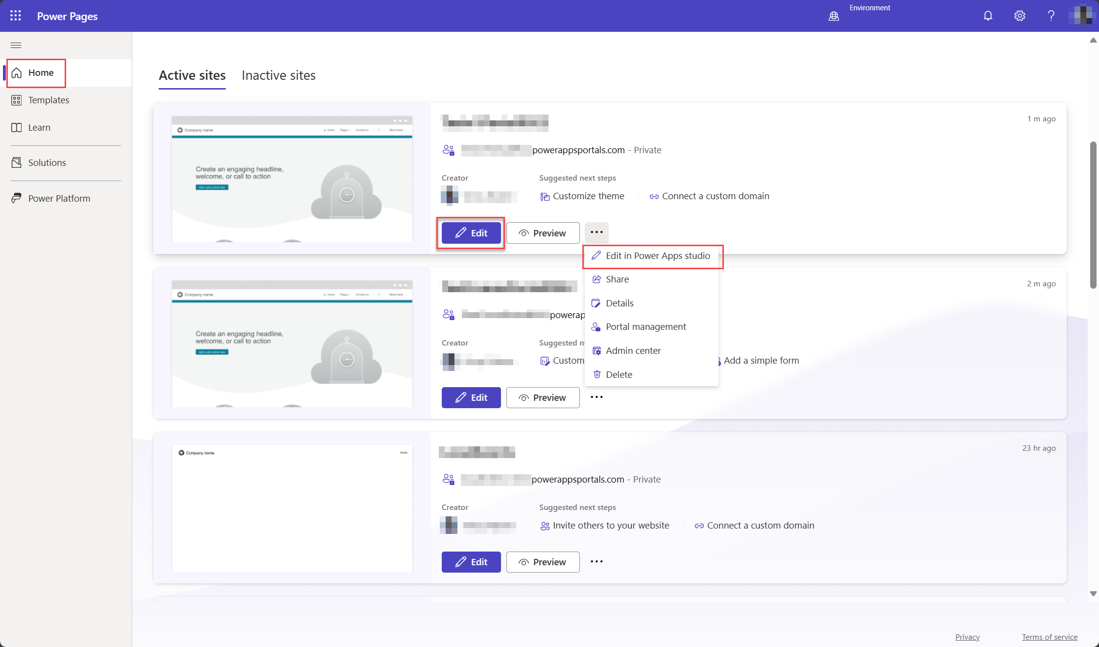 En skärmbild av startsidan i Power Pages designstudio. Användarens aktiva webbplatser visas och menyalternativet Redigera i Power Apps studio framhävs.