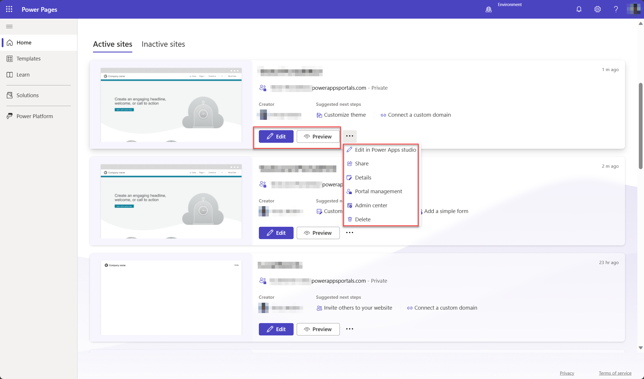 En skärmbild av startsidan i Power Pages designstudio. Användarens aktiva webbplatser visas och menyalternativen för att hantera en webbplats framhävs.