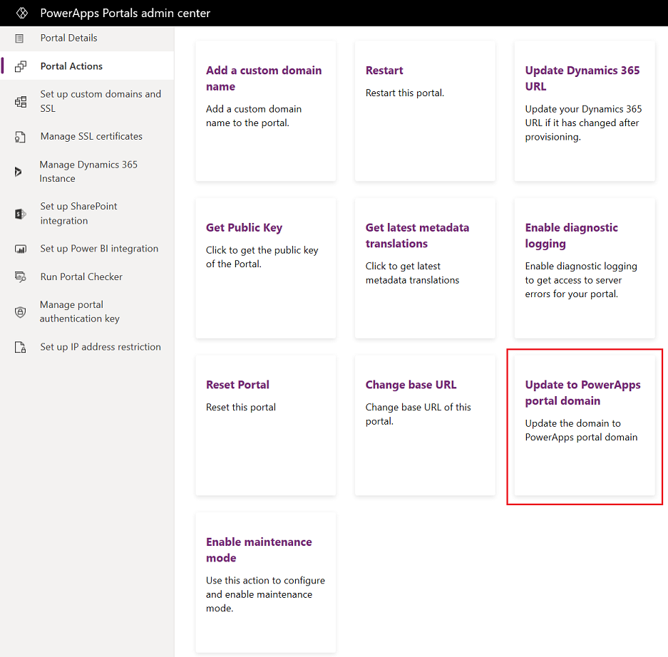 Uppdatera till Power Apps portaldomän – portal åtgärder.