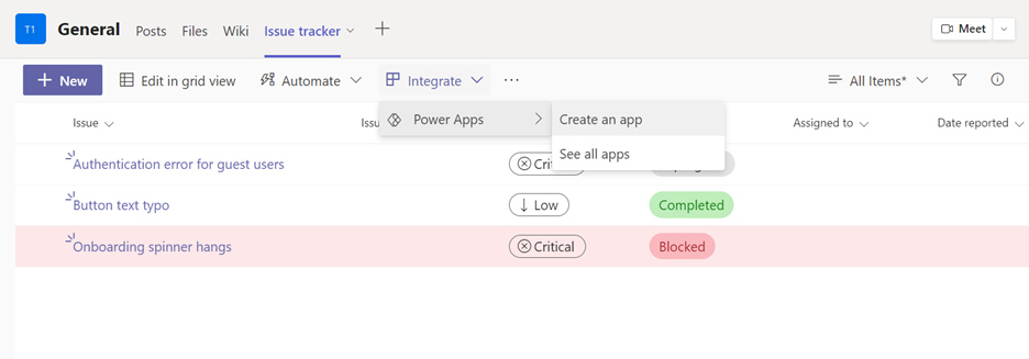 Skapa appen från en Microsoft-lista i Teams.