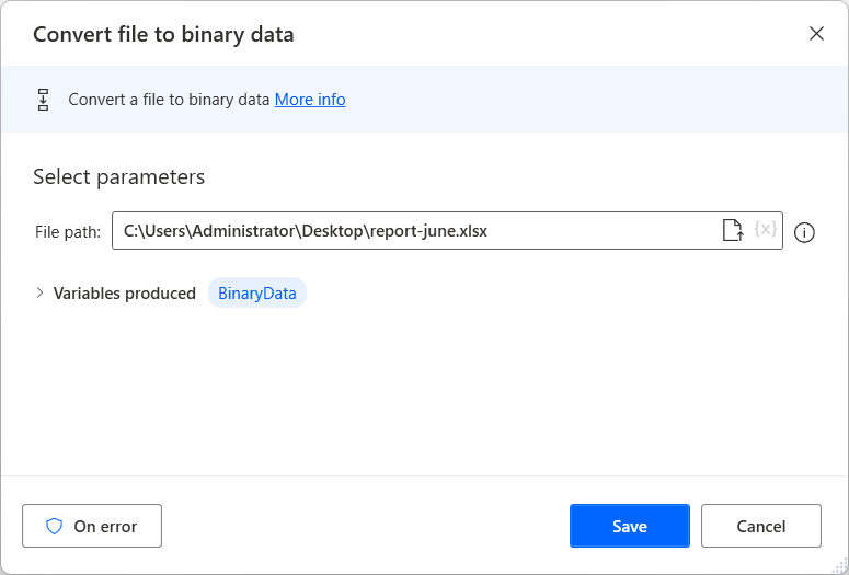 Skärmbild av textåtgärden Konvertera binära data till fil.