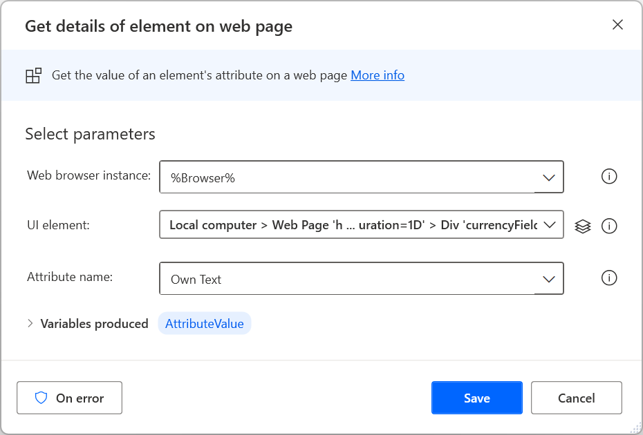 Skärmbild av åtgärden Visa information om element på webbsida.