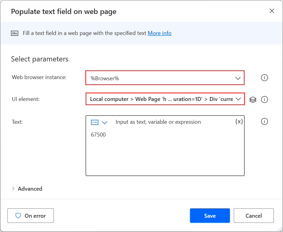 Skärmbild av indata i fältet Fyll i text för en webbsidesåtgärd.