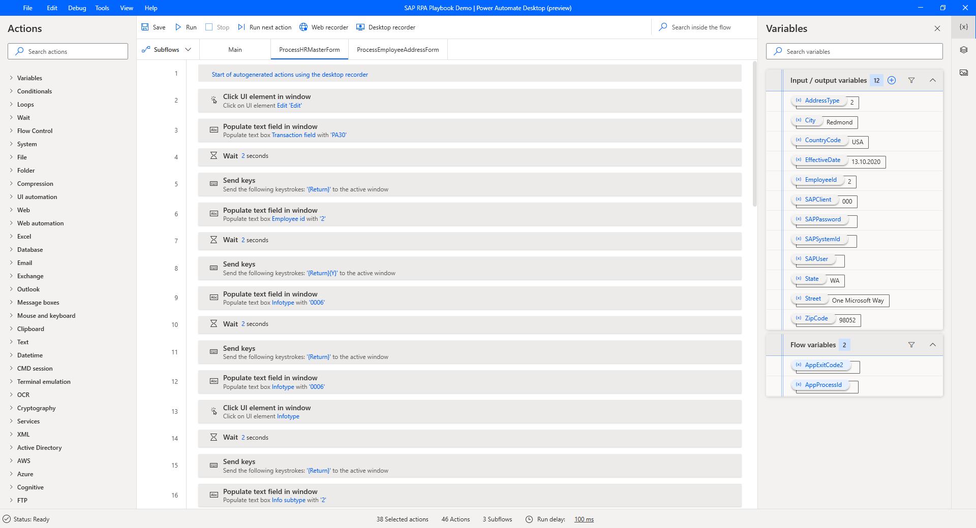 Skärmbild på Power Automate Desktop där de registrerade åtgärderna visas på dess arbetsyta.