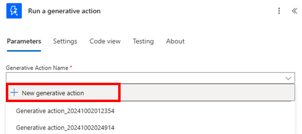 Skärmbild av alternativet att skapa en ny generativ åtgärd.