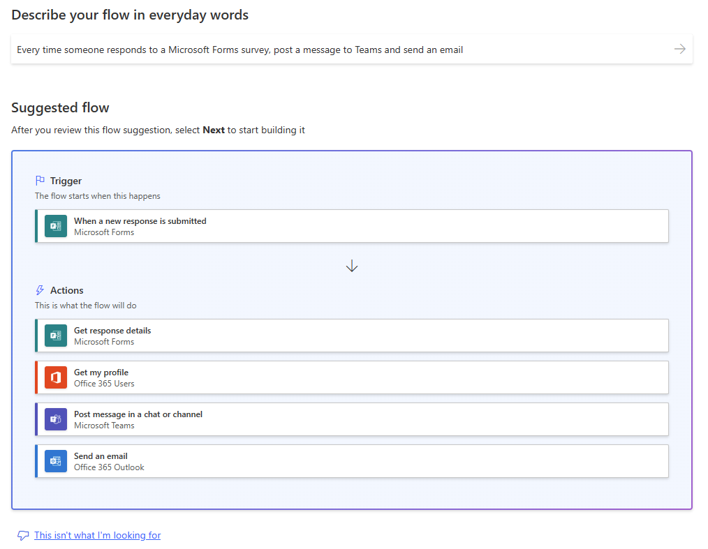 Skärmbild som visar ett förslag på ett flöde efter att du har visat en beskrivning av vad du ska automatisera