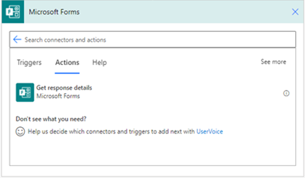 Skärmbild på Microsoft Forms-åtgärden i Power Automate-arbetsytan.