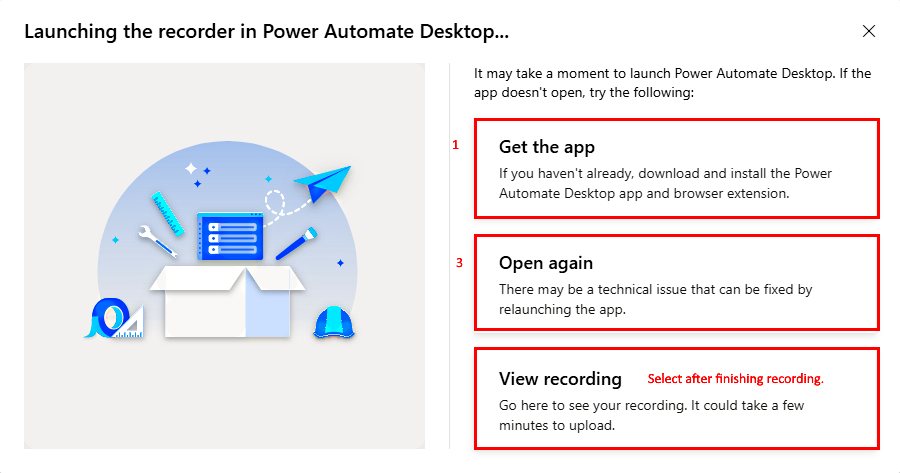 Skärmbild av starta av inspelaren på skärmen Power Automate i datorn.