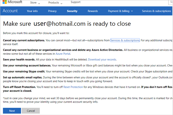 Skärmbild på sidan stängningsportalen för Microsoft-kontot.