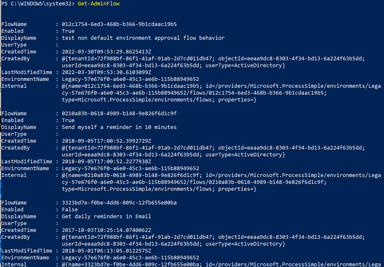 Skärmbild som visar utdata från Get-AdminFlow.