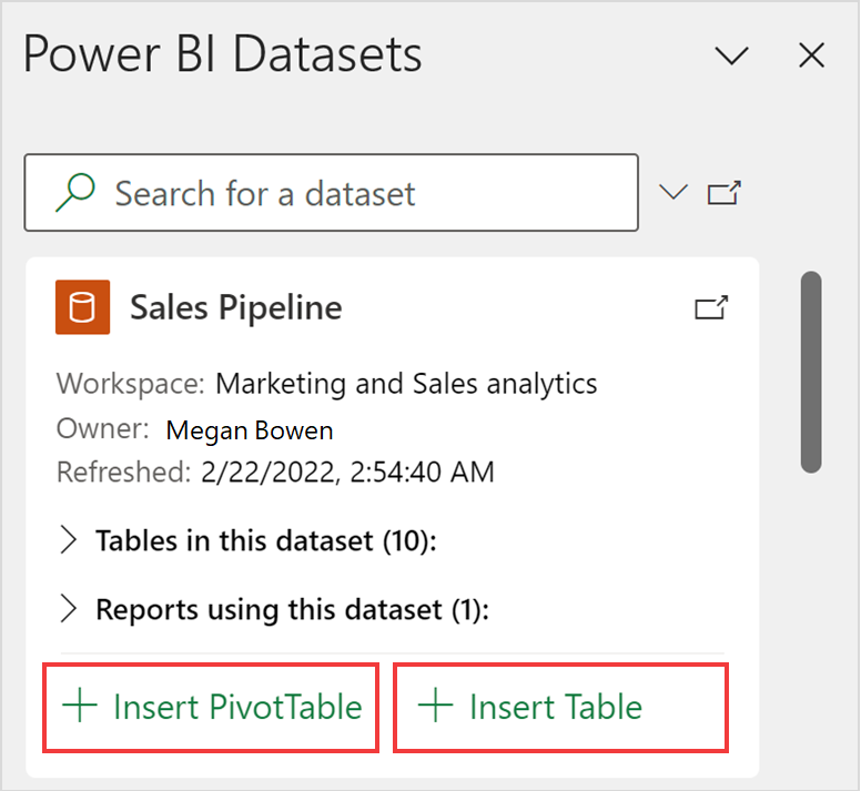 Skärmbild som visar ett semantiskt modellkort och knapparna Infoga pivottabell och Infoga tabell.