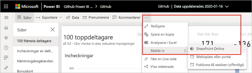 Skärmbild som visar menyn Fler alternativ med SharePoint Online markerat.