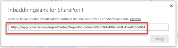 Skärmbild av dialogrutan Bädda in länk med rapportlänken markerad.