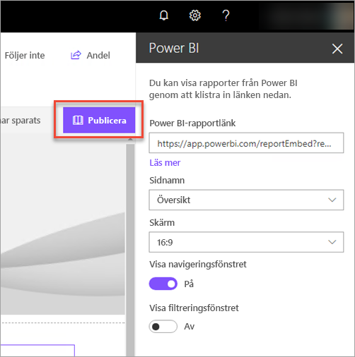 Skärmbild av power power BI-rapportlänken som visar alternativet Publicera valt.