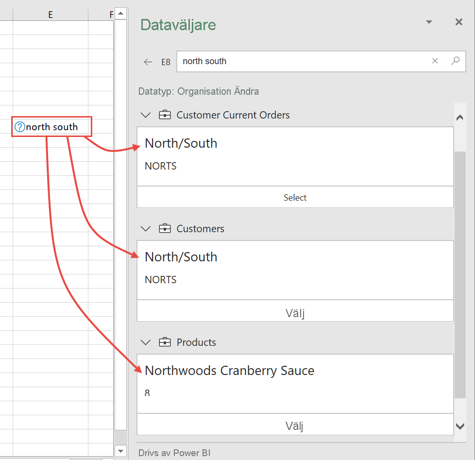 Screenshot of Excel Data Selector pane with multiple possibilities.