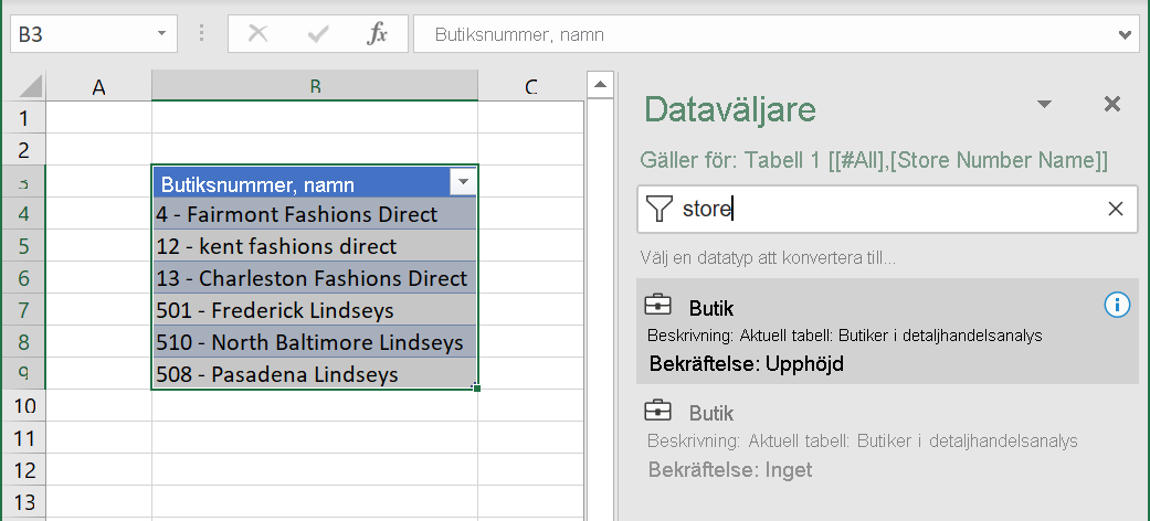 Screenshot of Excel Organizational Data, Suppliers data type table.