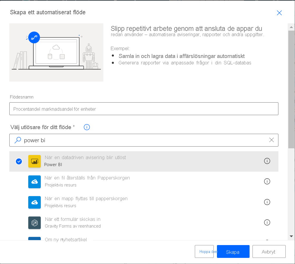 Screenshot of the Build an automated flow screen.