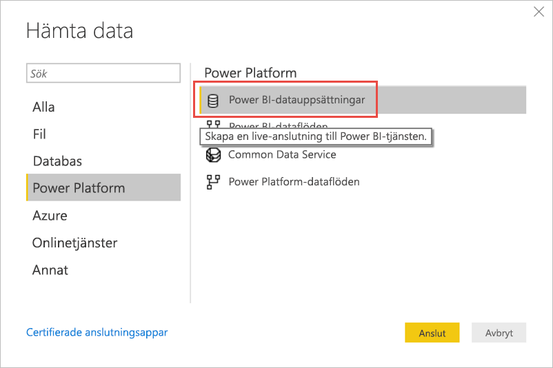 Skärmbild av att hämta data från Power BI-semantiska modeller.